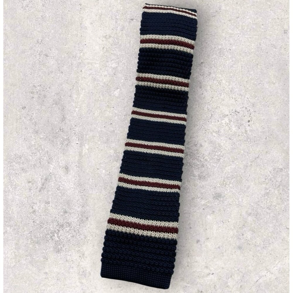 HARRISON BLAKE Polyester Knit Tie Navy Burgundy White Striped W:2.2" EUC
